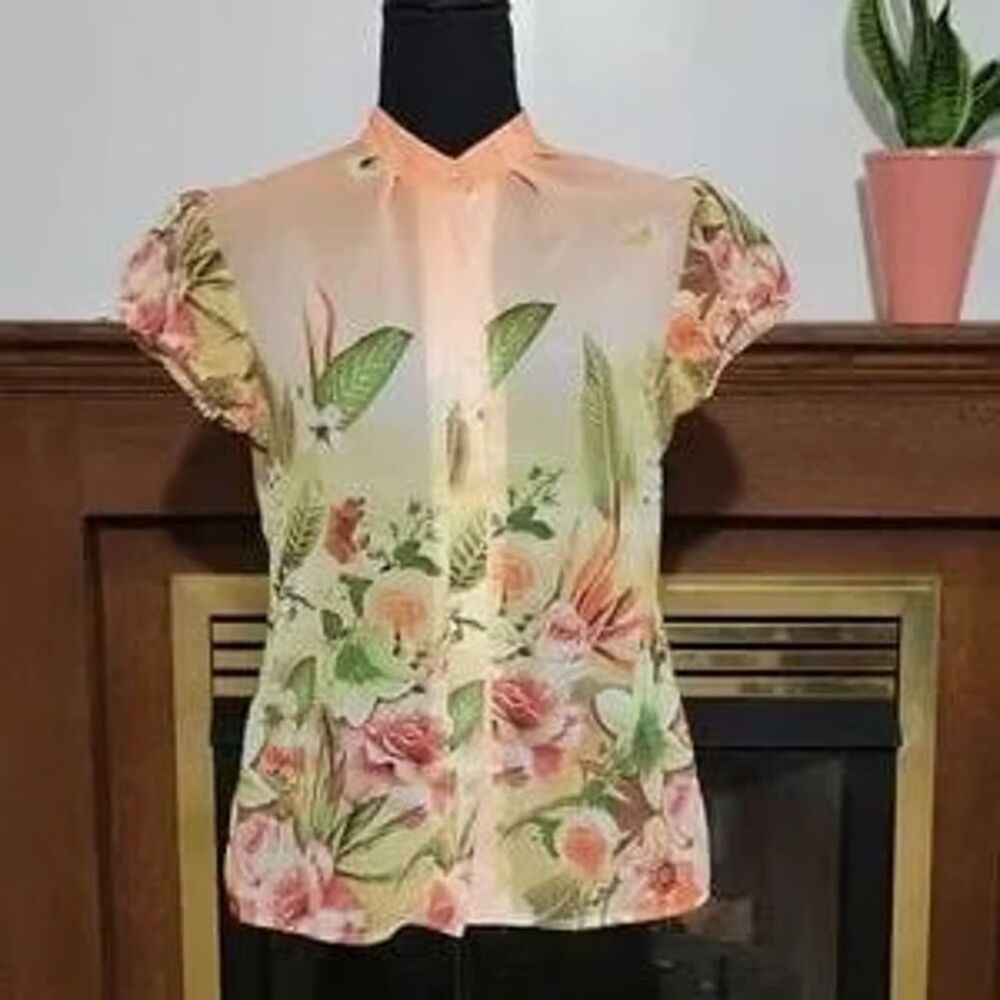Women's Vintage Tropical Floral Short Sleeve Button Up Blouse Size S/M